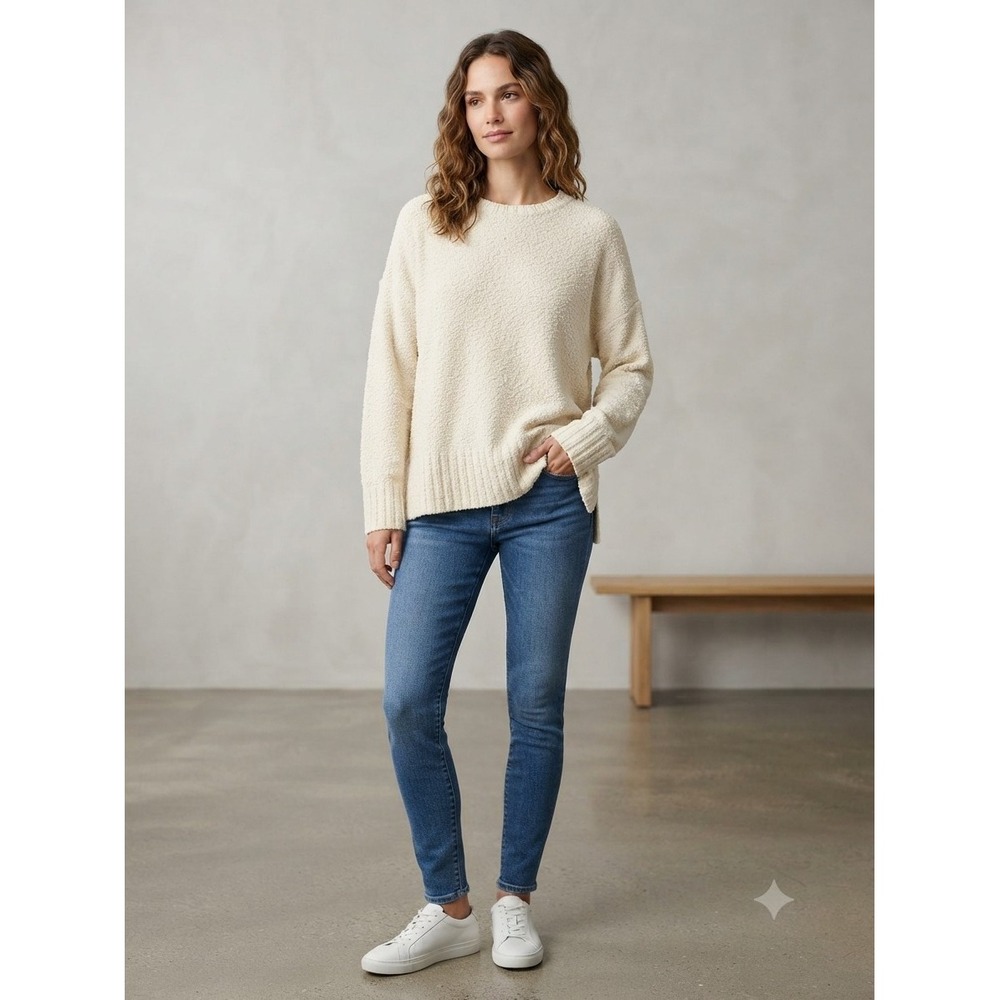 Eileen Fisher Organic Cotton Chunky Popcorn Knit Sweater Ivory Boxy Sz L Luxury